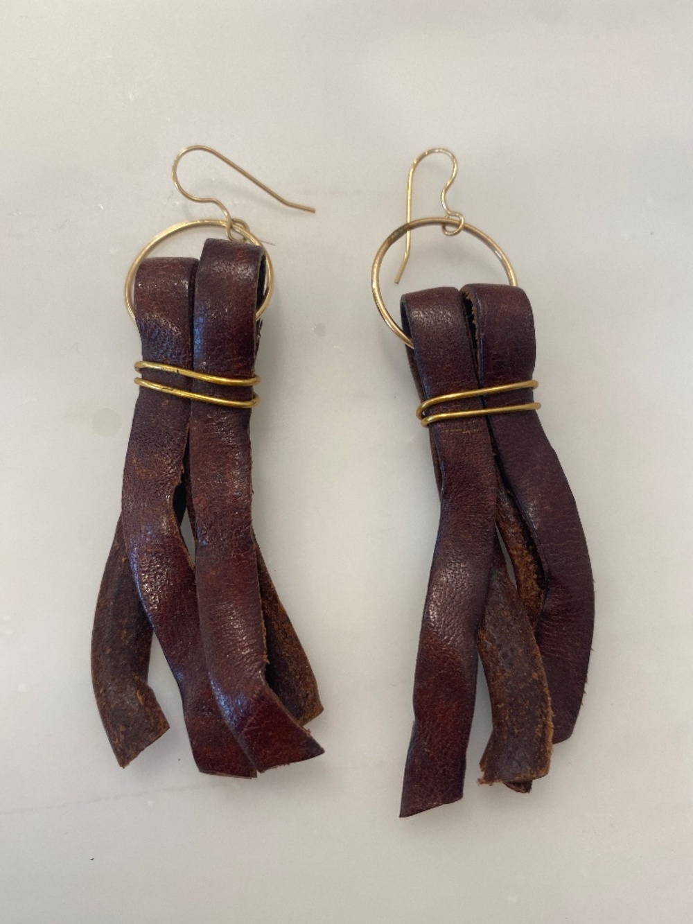 Rustic Boho Handmade Leather Fringe Hoop Earrings – Dark Brown Oil-Tanned Tassel